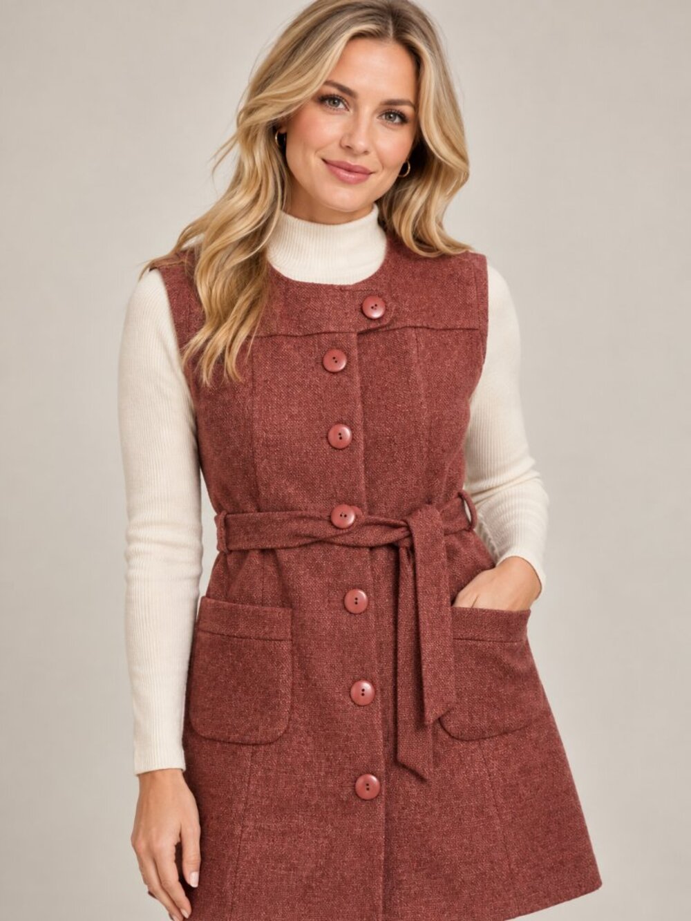 Tabitha Vintage-Style Wool Blend Belted Dress Dusty Rose Size 4